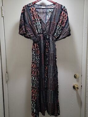 Cost Plus World Market Black Kaftan Maxi Dress with Coral & Mint Pattern